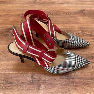 Monse Glen Plaid Racing Stripe Kitten Heels Size 38.5 Wrap Leather